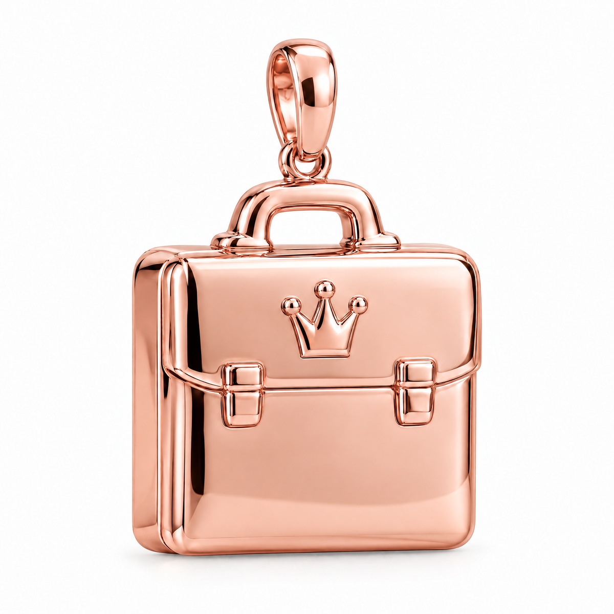 Entrepreneur crowned briefcase pendant in high-polish rose gold; 1Luxury Miami design render, pendant only.