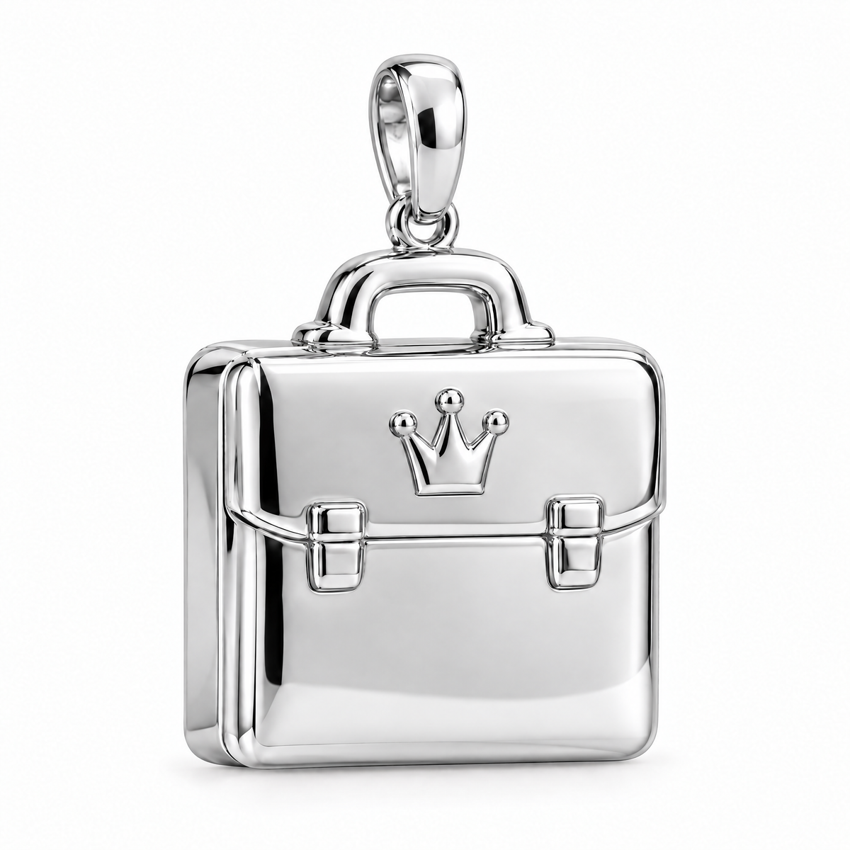 Entrepreneur crowned briefcase pendant in high-polish white gold; 1Luxury Miami design render, pendant only.