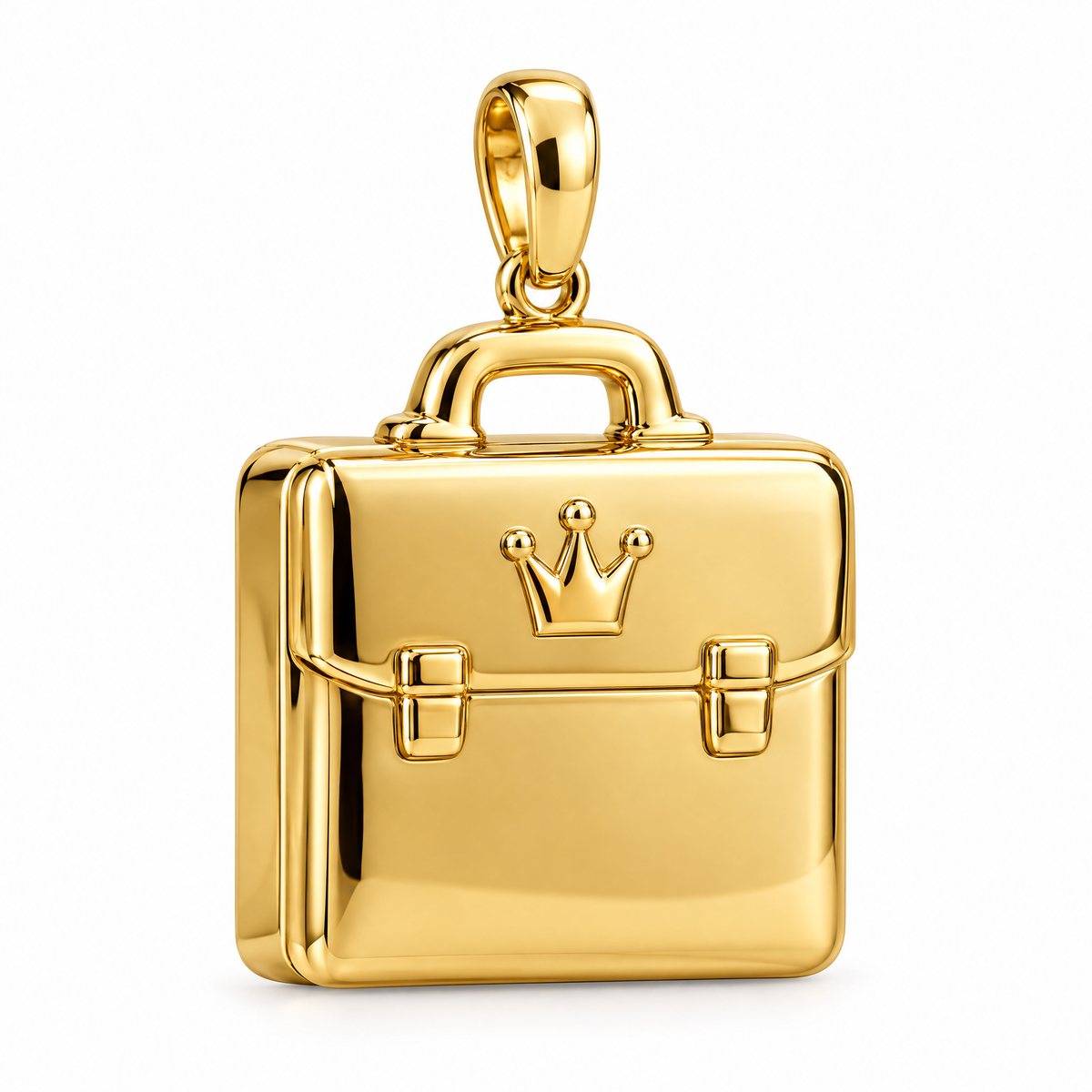 Entrepreneur crowned briefcase pendant in high-polish yellow gold; 1Luxury Miami design render, pendant only.