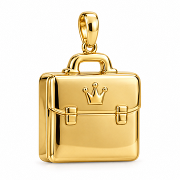 Entrepreneur crowned briefcase pendant in high-polish yellow gold; 1Luxury Miami design render, pendant only.