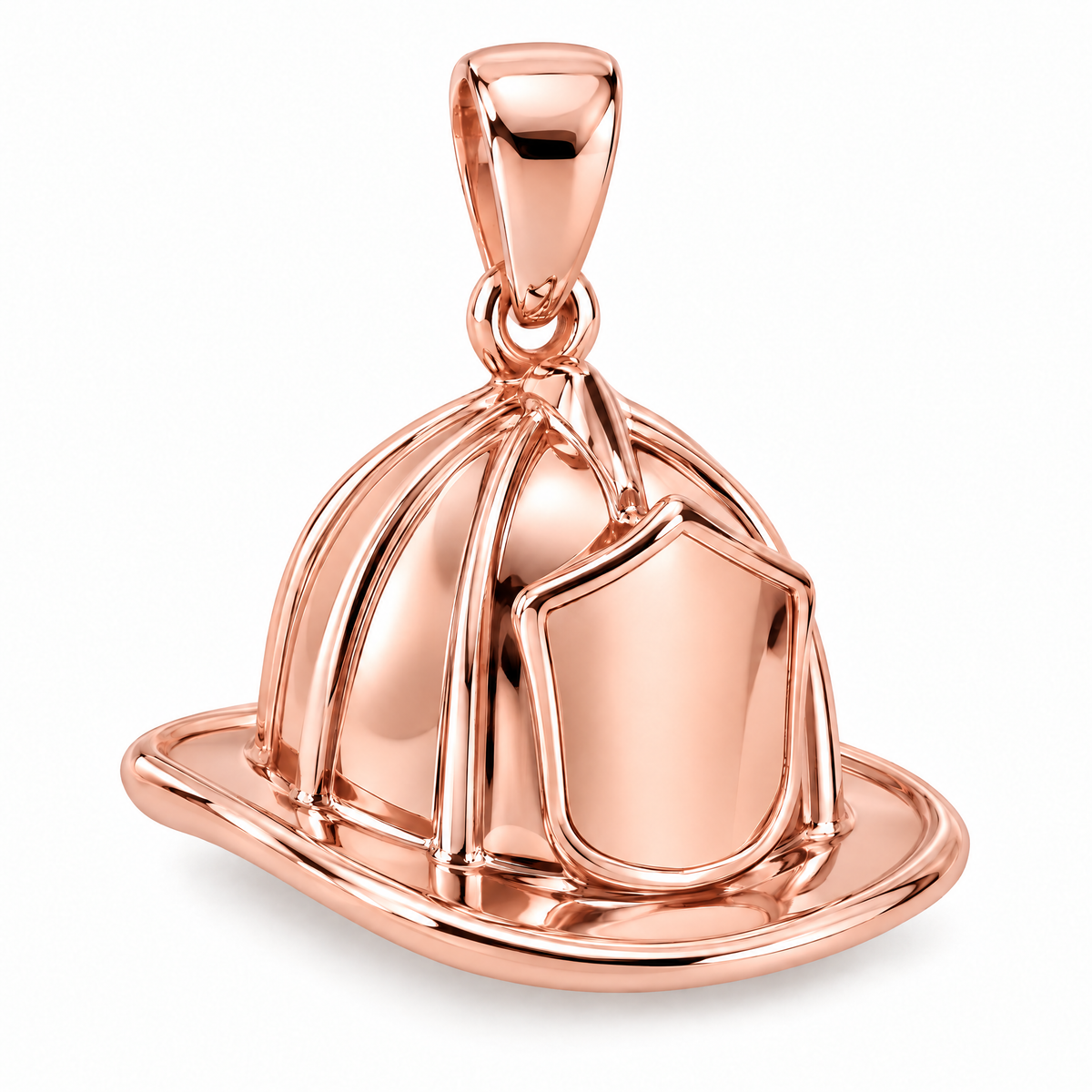 Firefighter helmet pendant in high-polish rose gold; 1Luxury Miami design render, pendant only.