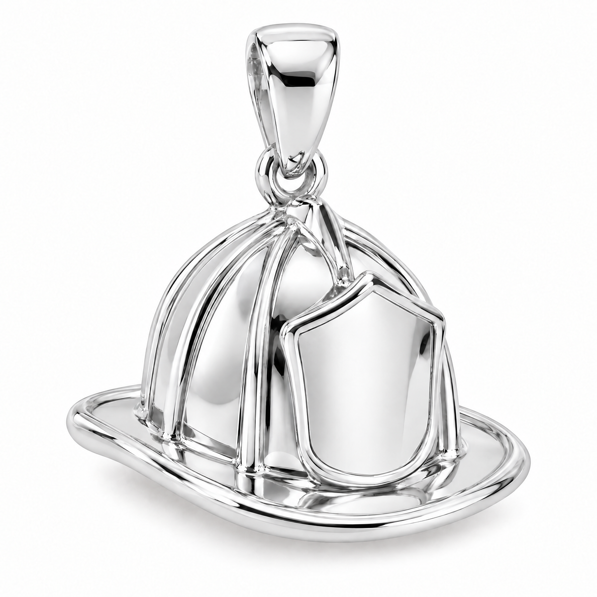 Firefighter helmet pendant in high-polish white gold; 1Luxury Miami design render, pendant only.