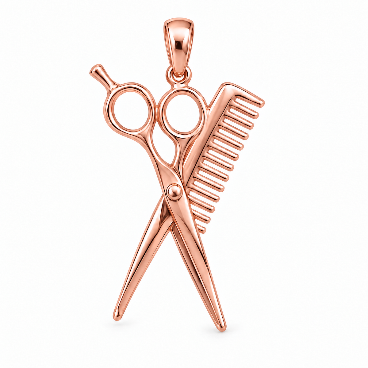 Hairstylist scissors and comb pendant in high-polish rose gold; 1Luxury Miami design render, pendant only.