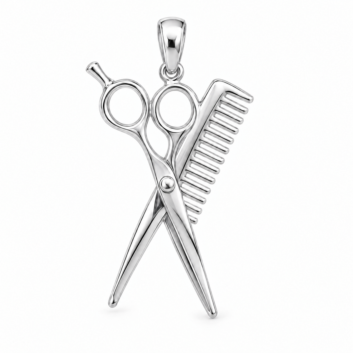 Hairstylist scissors and comb pendant in high-polish white gold; 1Luxury Miami design render, pendant only.