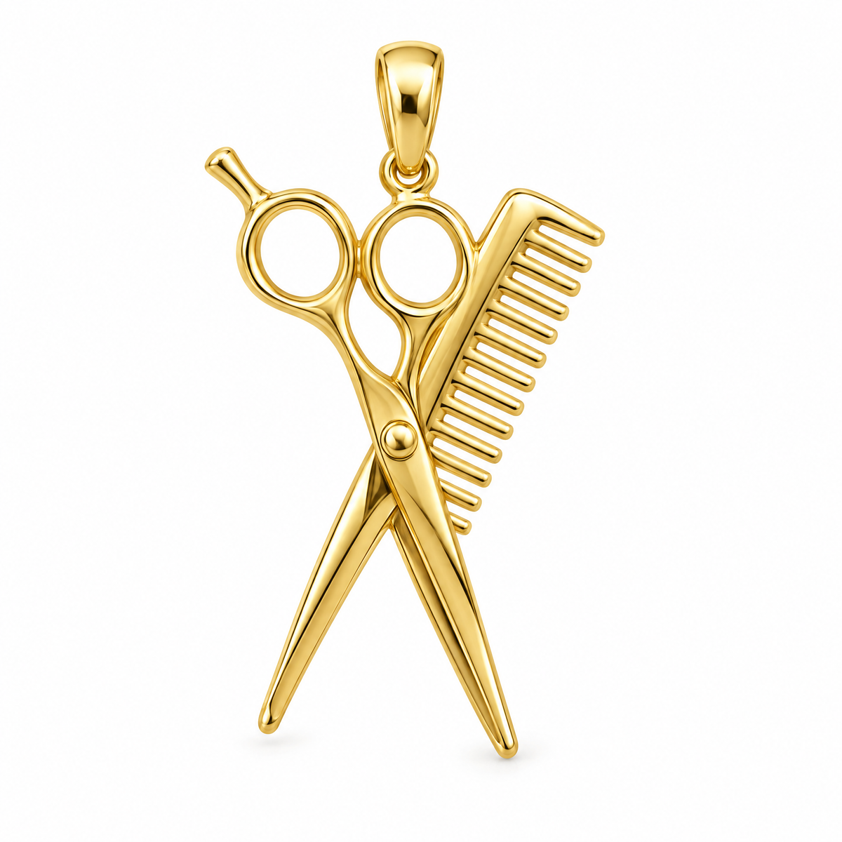Hairstylist scissors and comb pendant in high-polish yellow gold; 1Luxury Miami design render, pendant only.