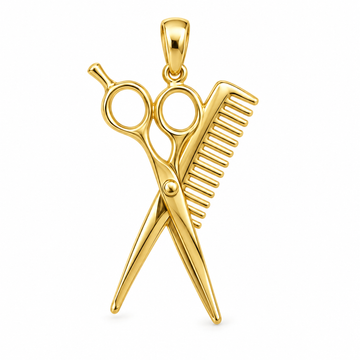 Hairstylist scissors and comb pendant in high-polish yellow gold; 1Luxury Miami design render, pendant only.
