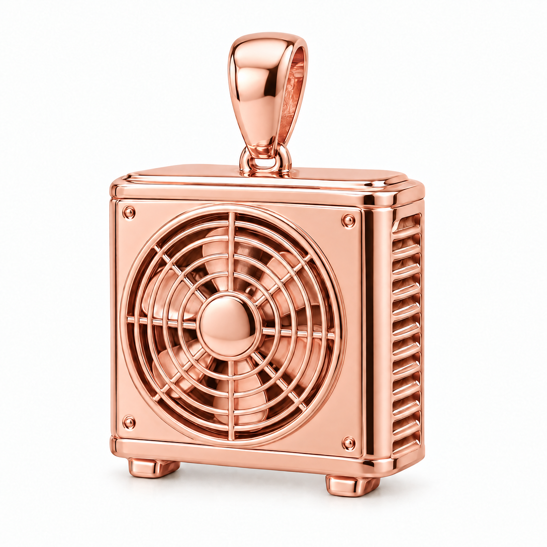HVAC technician condenser pendant in high-polish rose gold; 1Luxury Miami design render, pendant only.