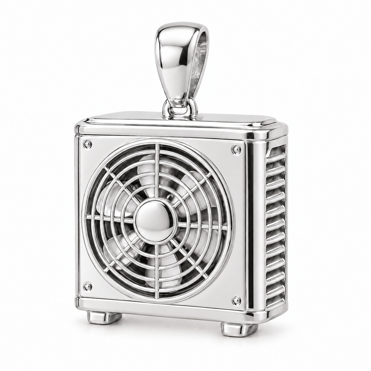 HVAC technician condenser pendant in high-polish white gold; 1Luxury Miami design render, pendant only.