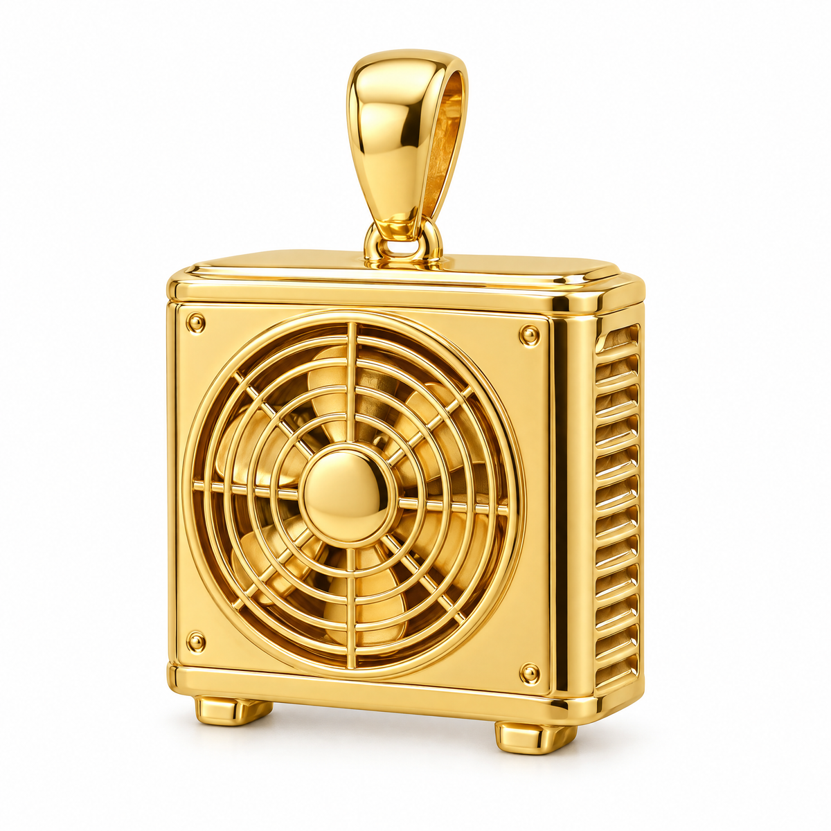 HVAC technician condenser pendant in high-polish yellow gold; 1Luxury Miami design render, pendant only.