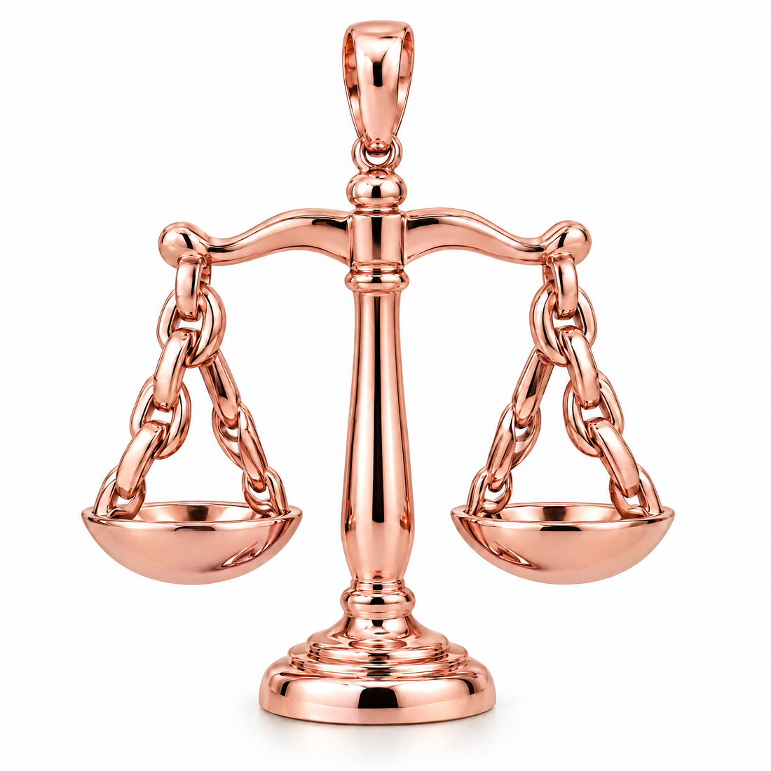 Lawyer scales of justice pendant in high-polish rose gold; 1Luxury Miami design render, pendant only.