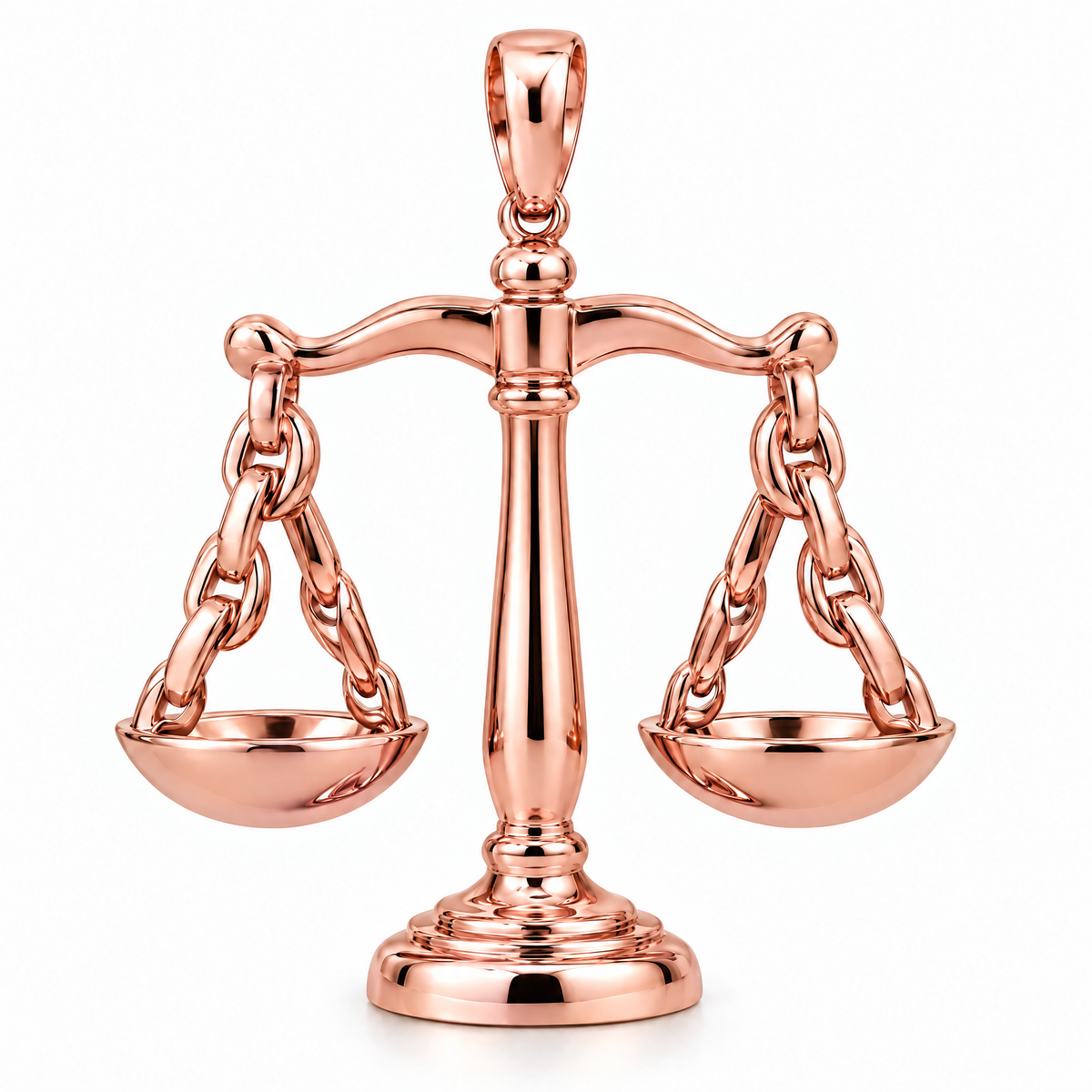 Lawyer scales of justice pendant in high-polish rose gold; 1Luxury Miami design render, pendant only.