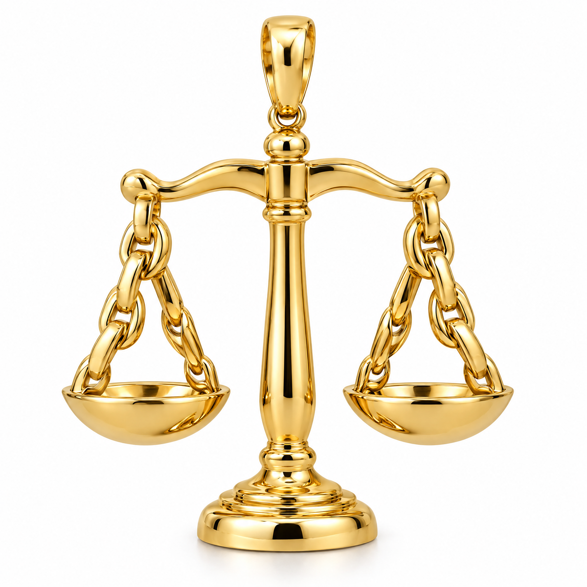 Lawyer scales of justice pendant in high-polish yellow gold; 1Luxury Miami design render, pendant only.