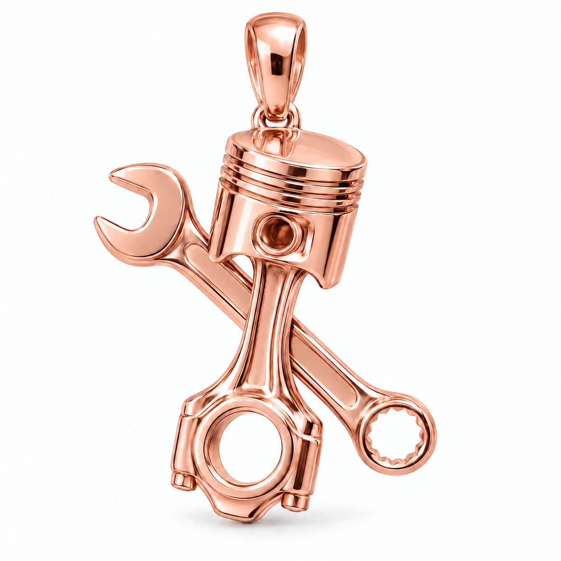 Mechanic piston and wrench pendant in high-polish rose gold; 1Luxury Miami design render, pendant only.
