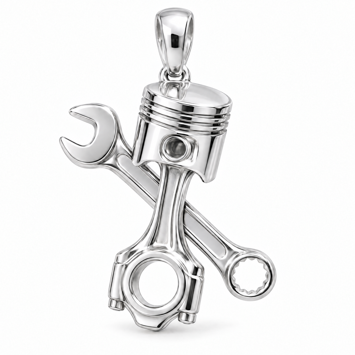 Mechanic piston and wrench pendant in high-polish white gold; 1Luxury Miami design render, pendant only.