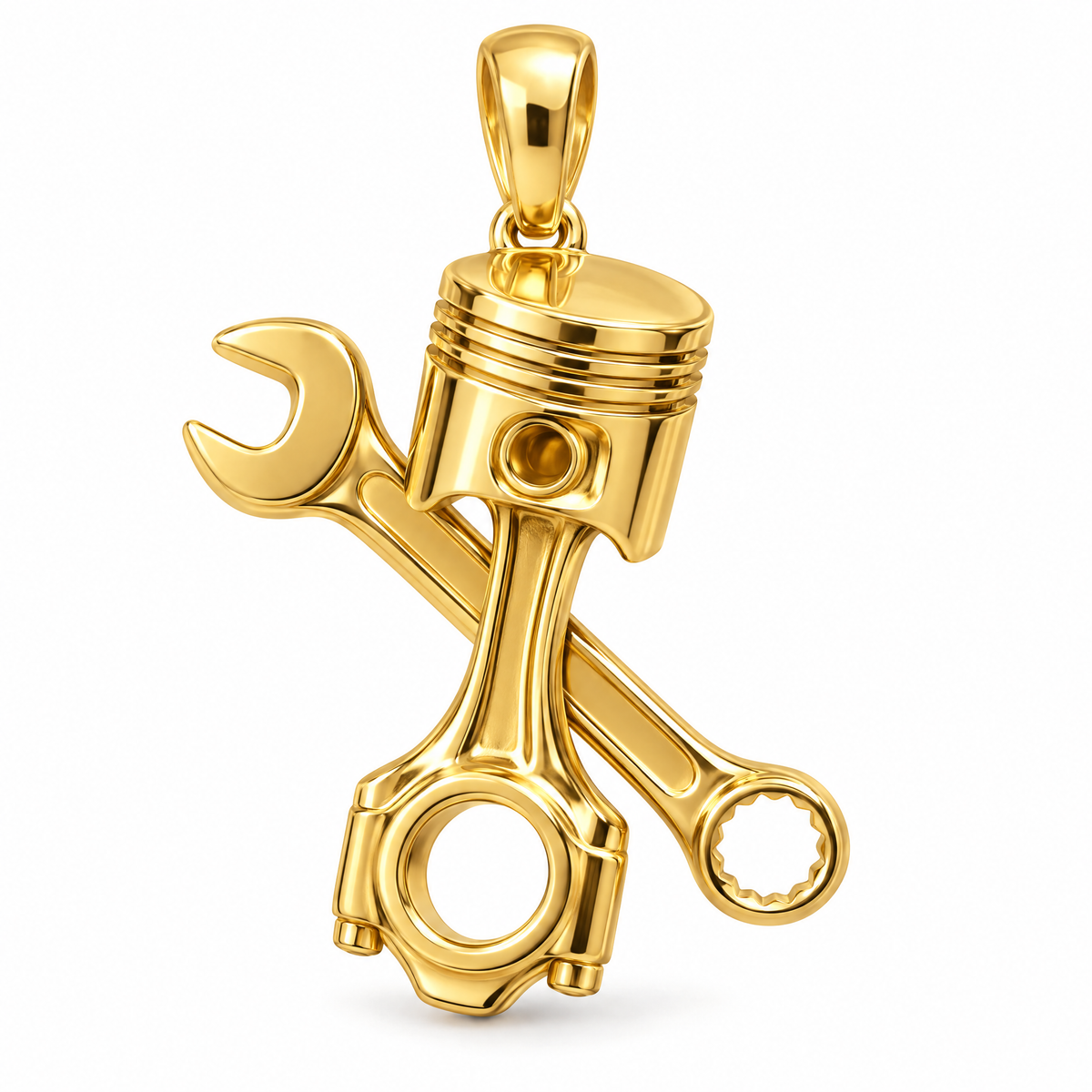 Mechanic piston and wrench pendant in high-polish yellow gold; 1Luxury Miami design render, pendant only.