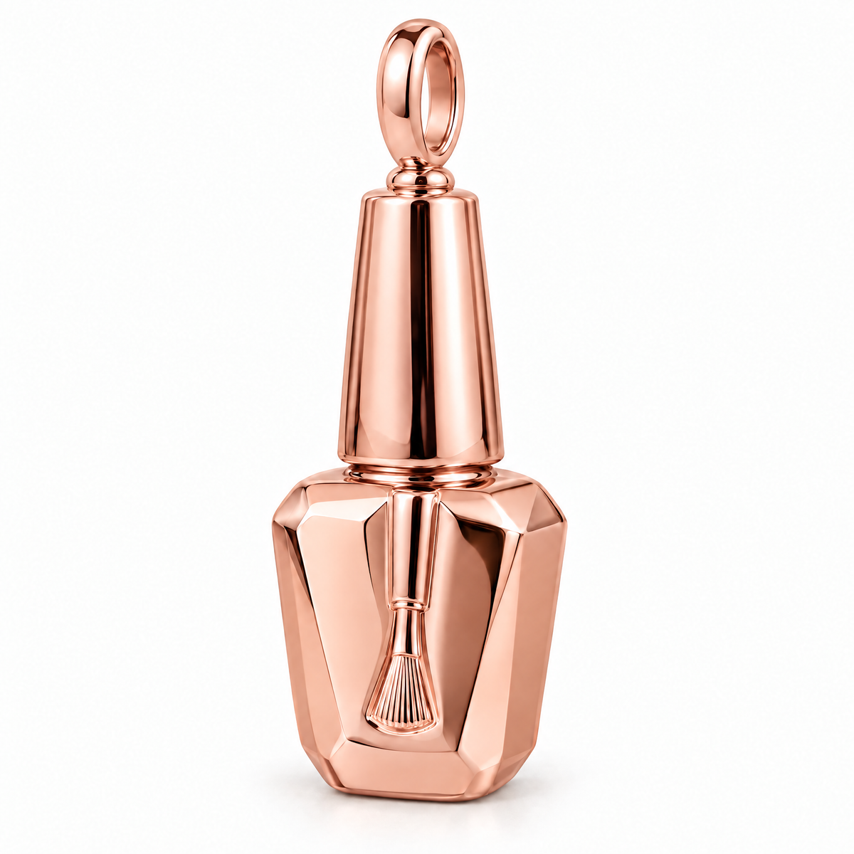 Nail artist polish bottle pendant in high-polish rose gold; 1Luxury Miami design render, pendant only.