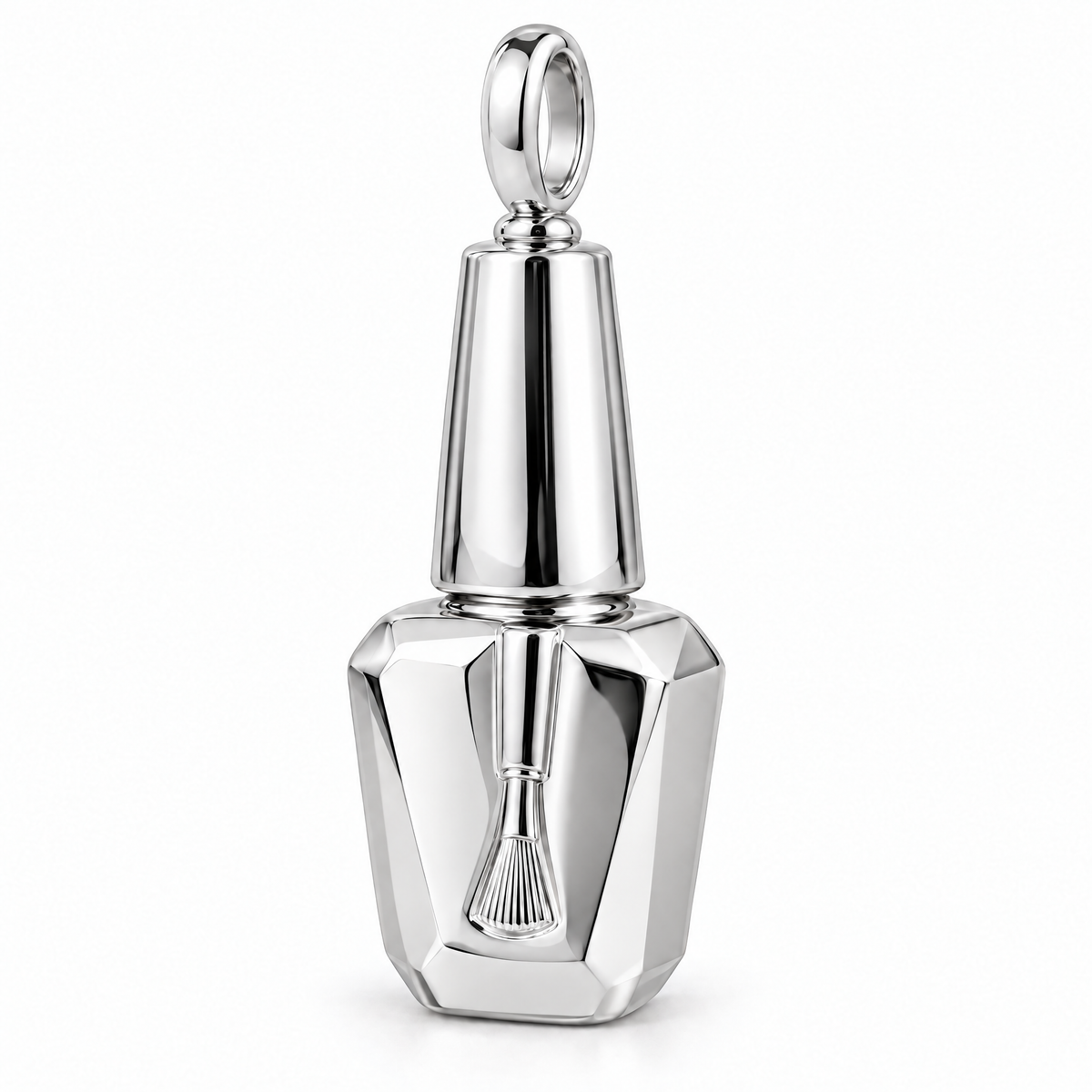 Nail artist polish bottle pendant in high-polish white gold; 1Luxury Miami design render, pendant only.