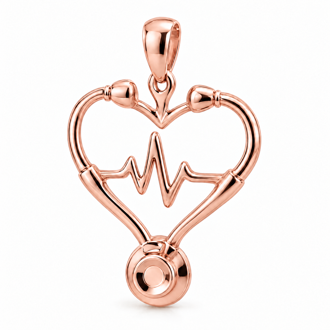Nurse stethoscope heart pendant in high-polish rose gold; 1Luxury Miami design render, pendant only.