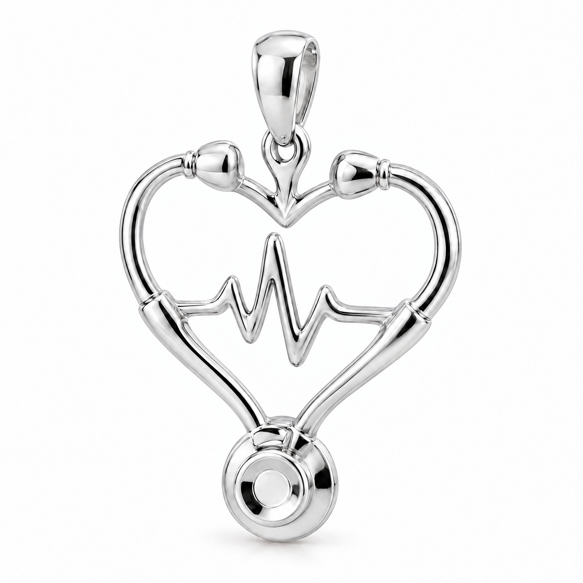 Nurse stethoscope heart pendant in high-polish white gold; 1Luxury Miami design render, pendant only.