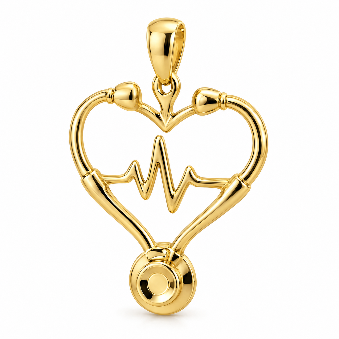 Nurse stethoscope heart pendant in high-polish yellow gold by 1Luxury Miami; design render, chain not included.