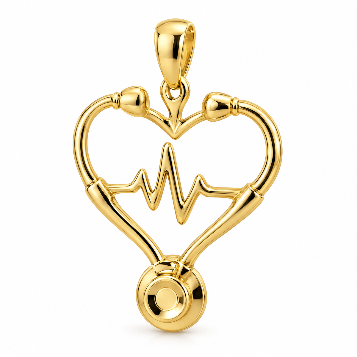Nurse stethoscope heart pendant in high-polish yellow gold by 1Luxury Miami; design render, chain not included.