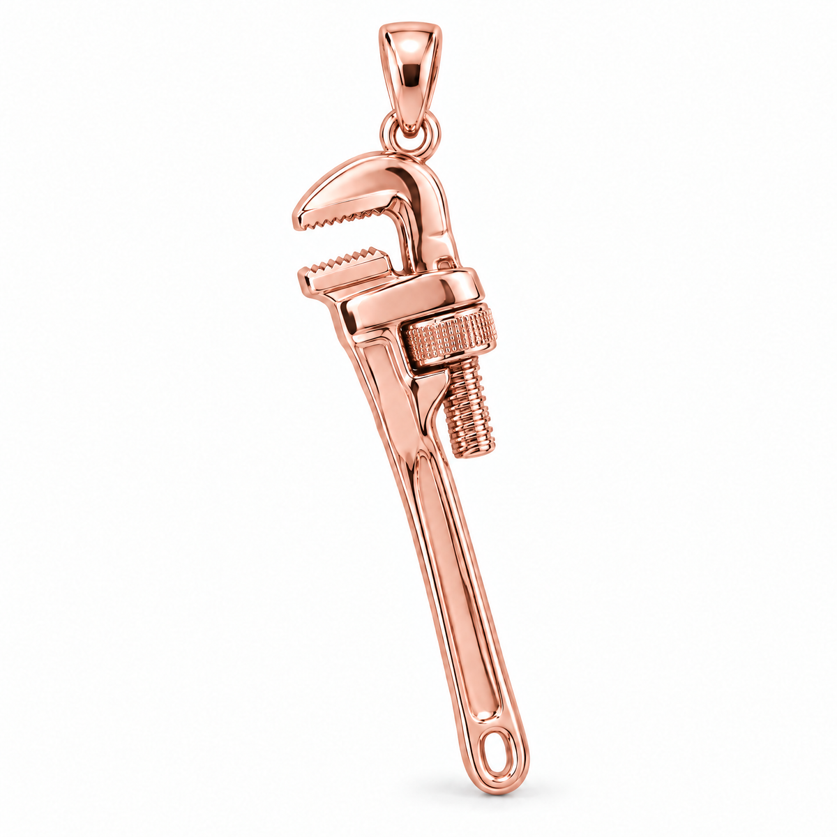 Plumber pipe wrench pendant in high-polish rose gold; 1Luxury Miami design render, pendant only.