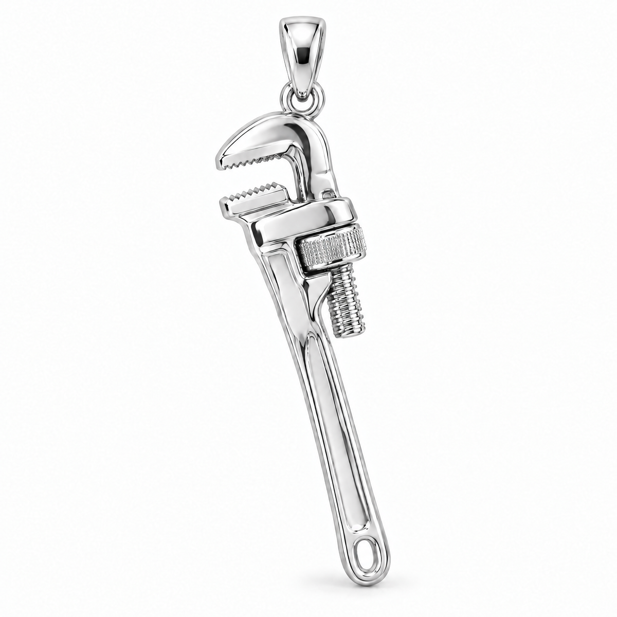 Plumber pipe wrench pendant in high-polish white gold; 1Luxury Miami design render, pendant only.