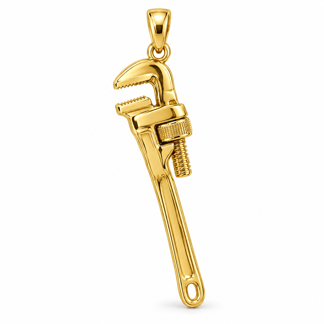 Plumber pipe wrench pendant in high-polish yellow gold; 1Luxury Miami design render, pendant only.