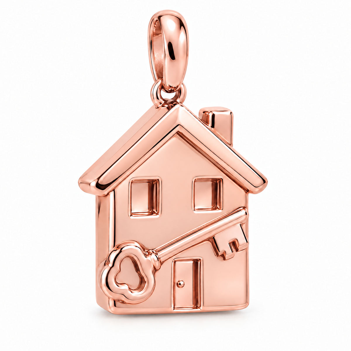 Real estate agent house and key pendant in high-polish rose gold; 1Luxury Miami design render, pendant only.