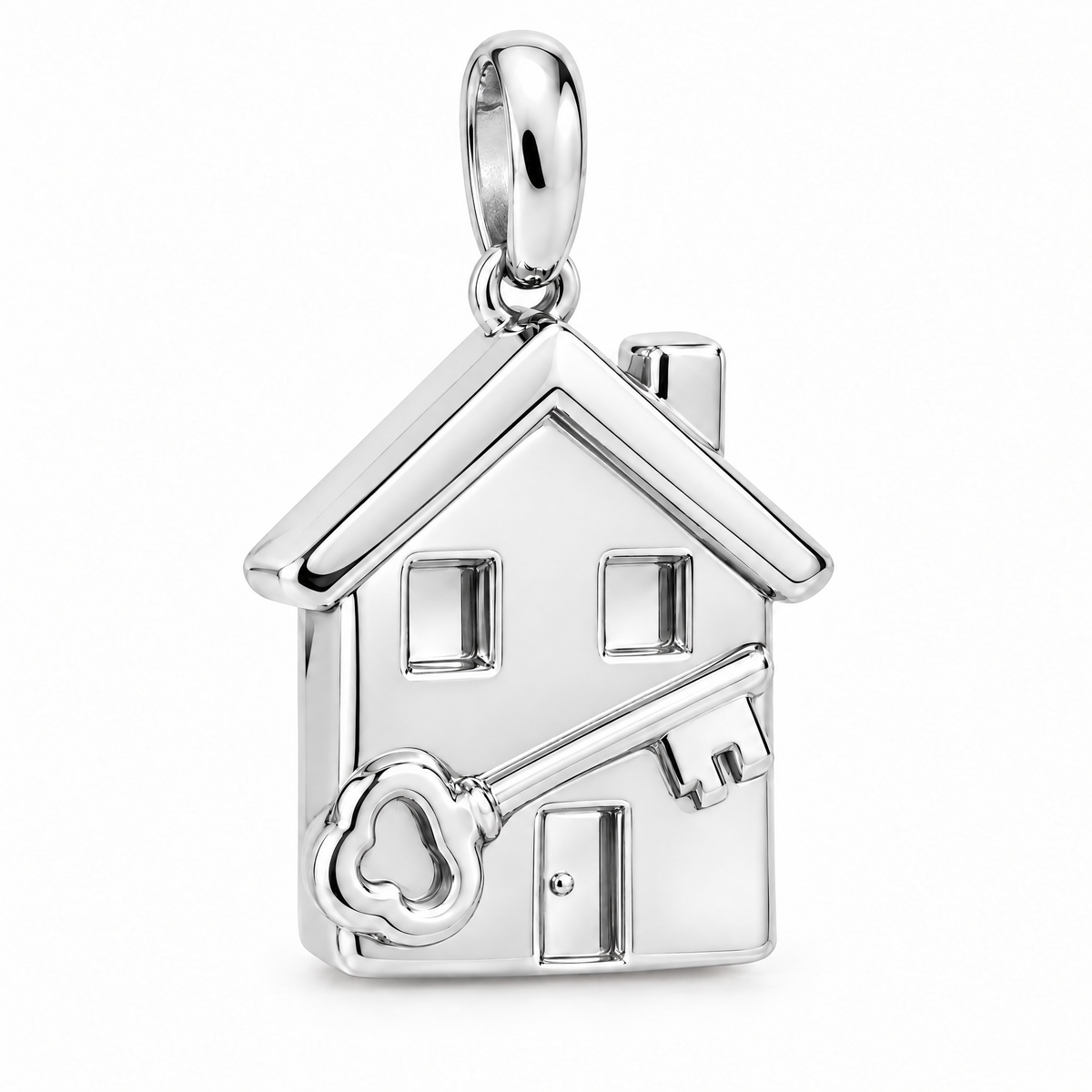Real estate agent house and key pendant in high-polish white gold; 1Luxury Miami design render, pendant only.