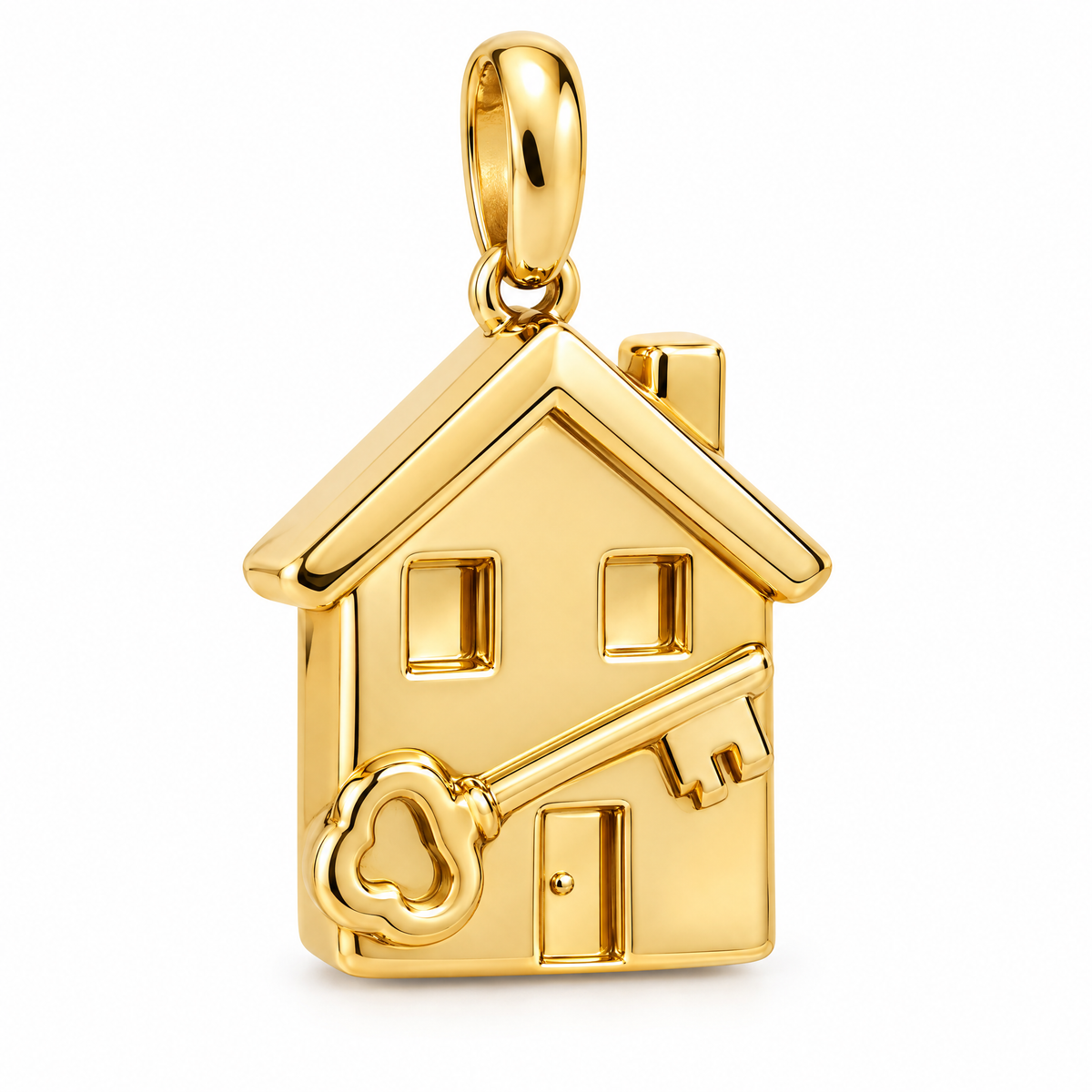 Real estate agent house and key pendant in high-polish yellow gold; 1Luxury Miami design render, pendant only.