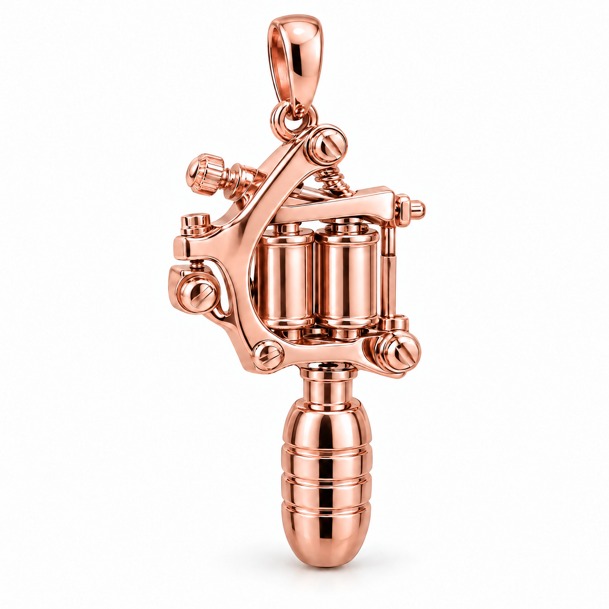 Tattoo artist machine pendant in high-polish rose gold; 1Luxury Miami design render, pendant only.