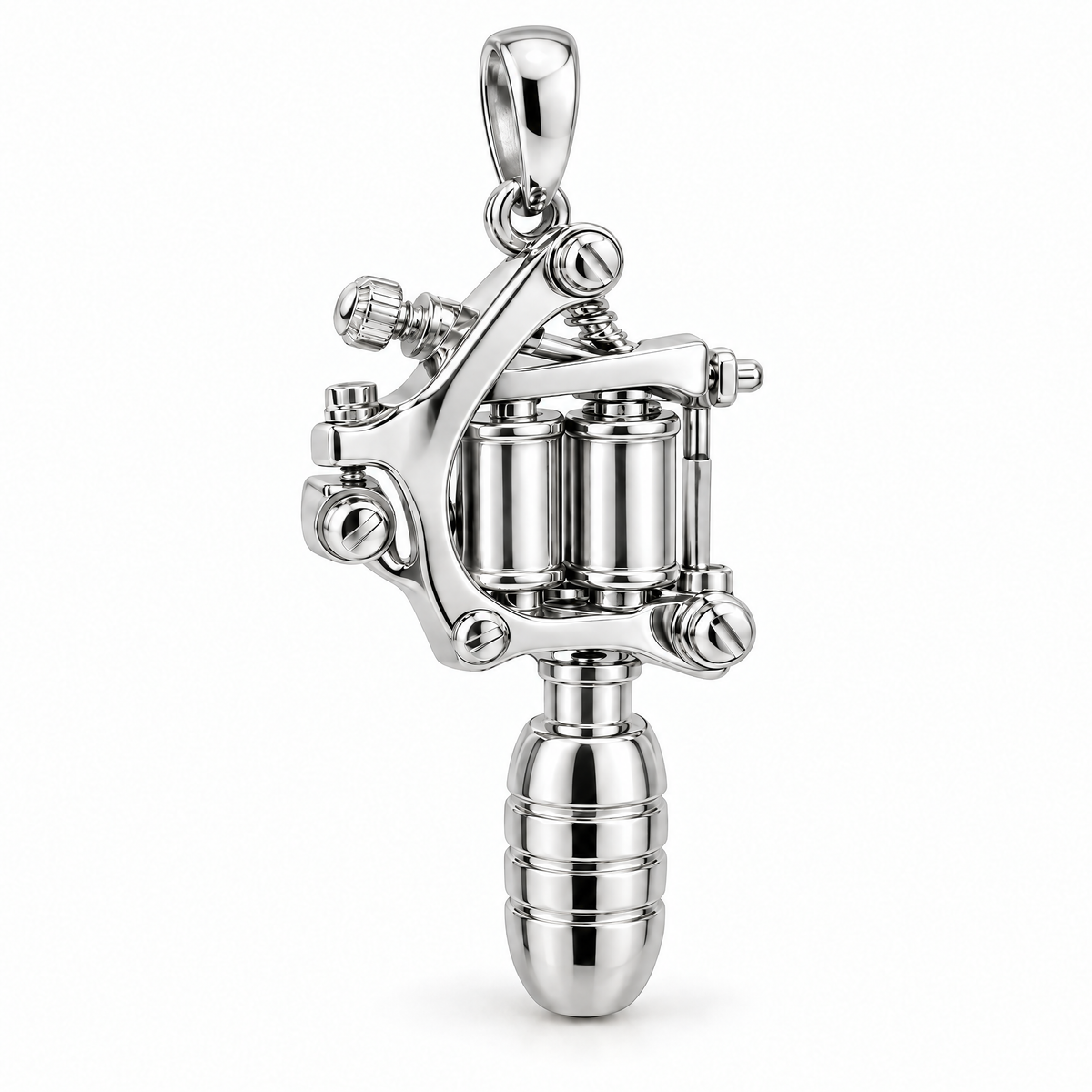 Tattoo artist machine pendant in high-polish white gold; 1Luxury Miami design render, pendant only.