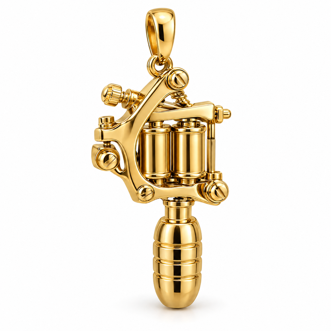 Tattoo artist machine pendant in high-polish yellow gold; 1Luxury Miami design render, pendant only.