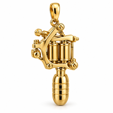 Tattoo artist machine pendant in high-polish yellow gold; 1Luxury Miami design render, pendant only.