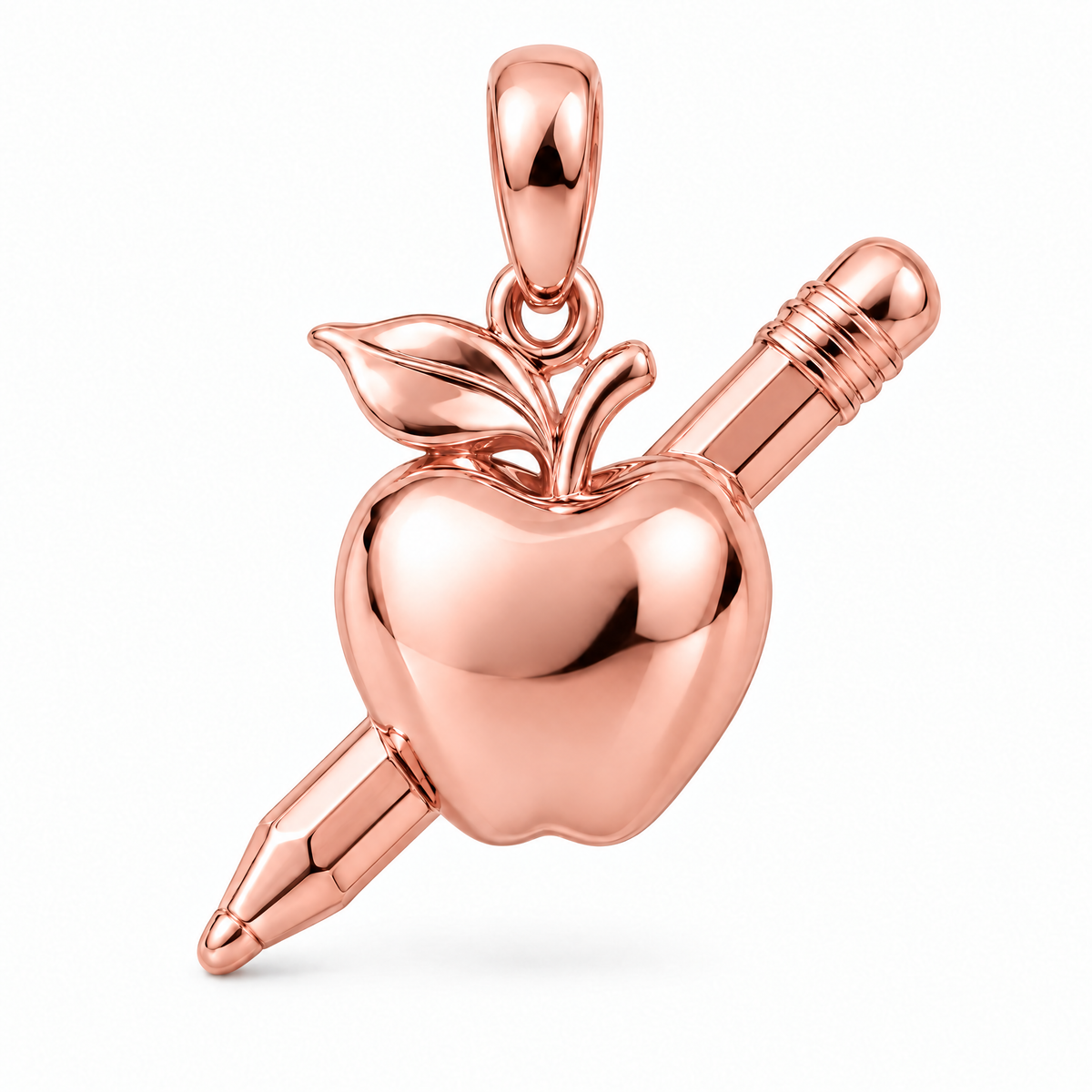 Teacher apple and pencil pendant in high-polish rose gold; 1Luxury Miami design render, pendant only.