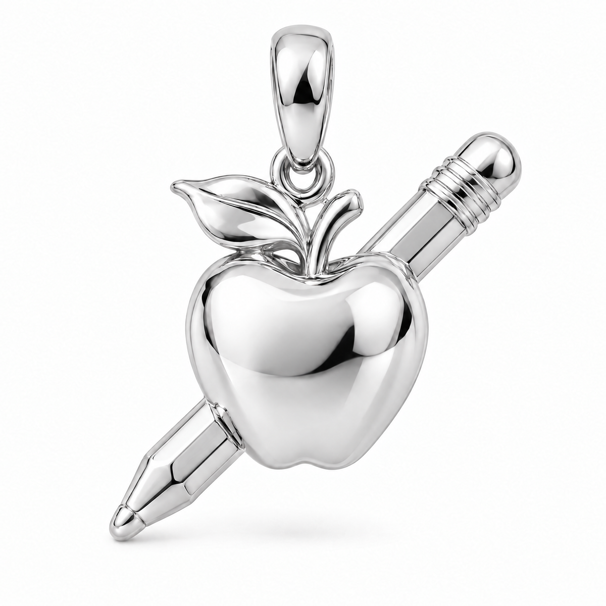 Teacher apple and pencil pendant in high-polish white gold; 1Luxury Miami design render, pendant only.