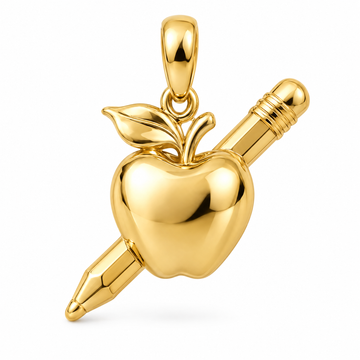 Teacher apple and pencil pendant in high-polish yellow gold; 1Luxury Miami design render, pendant only.