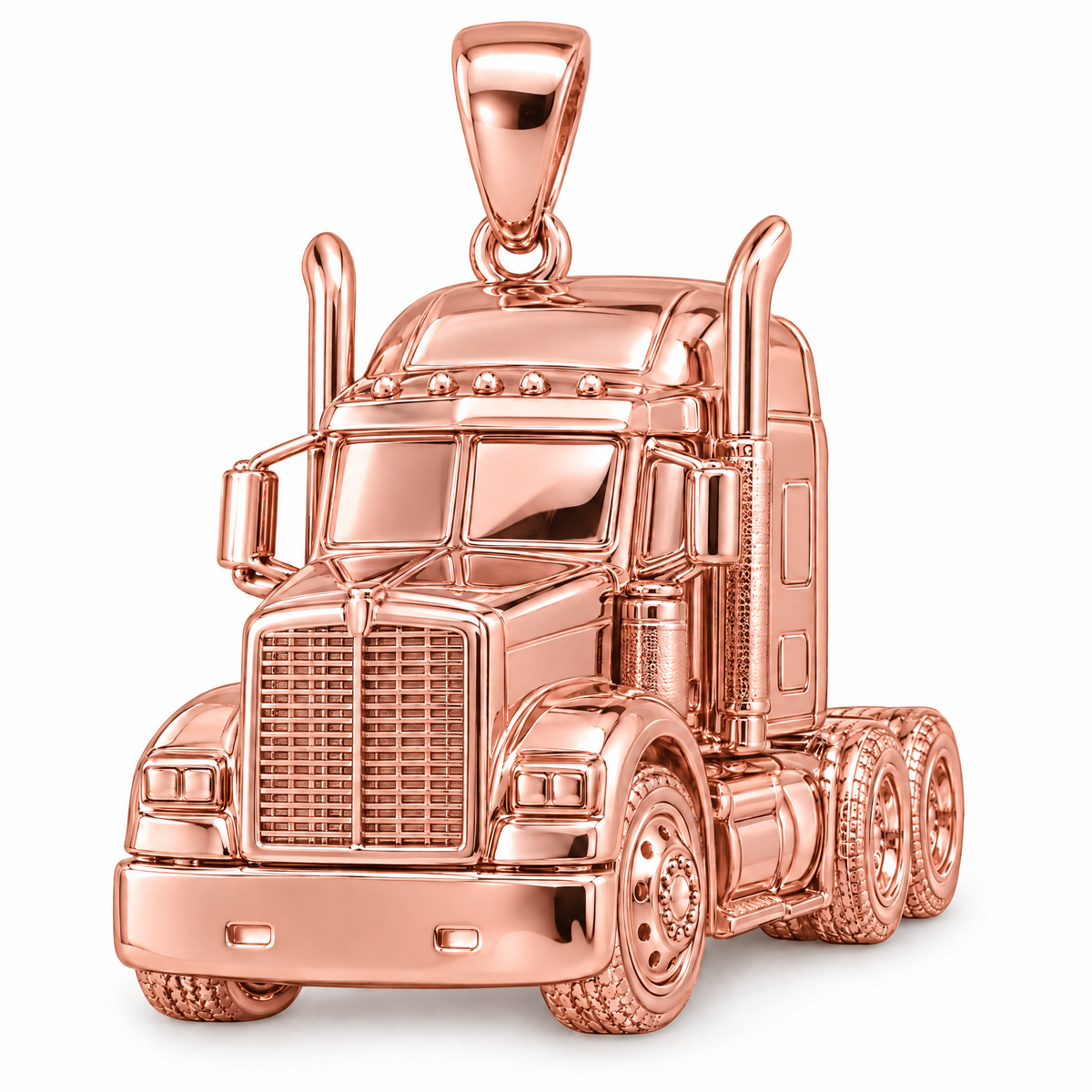 Truck driver semi truck pendant in high-polish rose gold; 1Luxury Miami design render, pendant only.