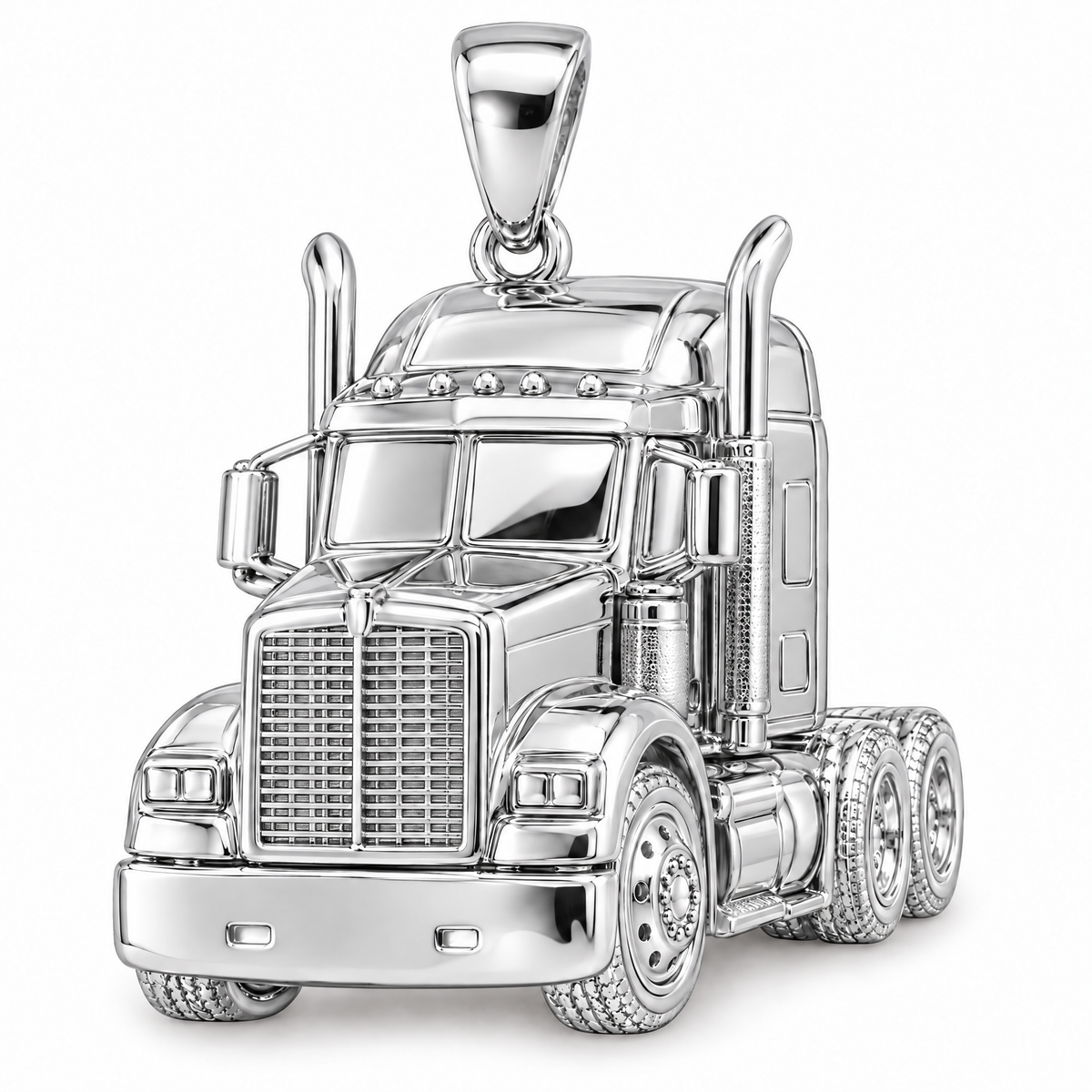 Truck driver semi truck pendant in high-polish white gold; 1Luxury Miami design render, pendant only.