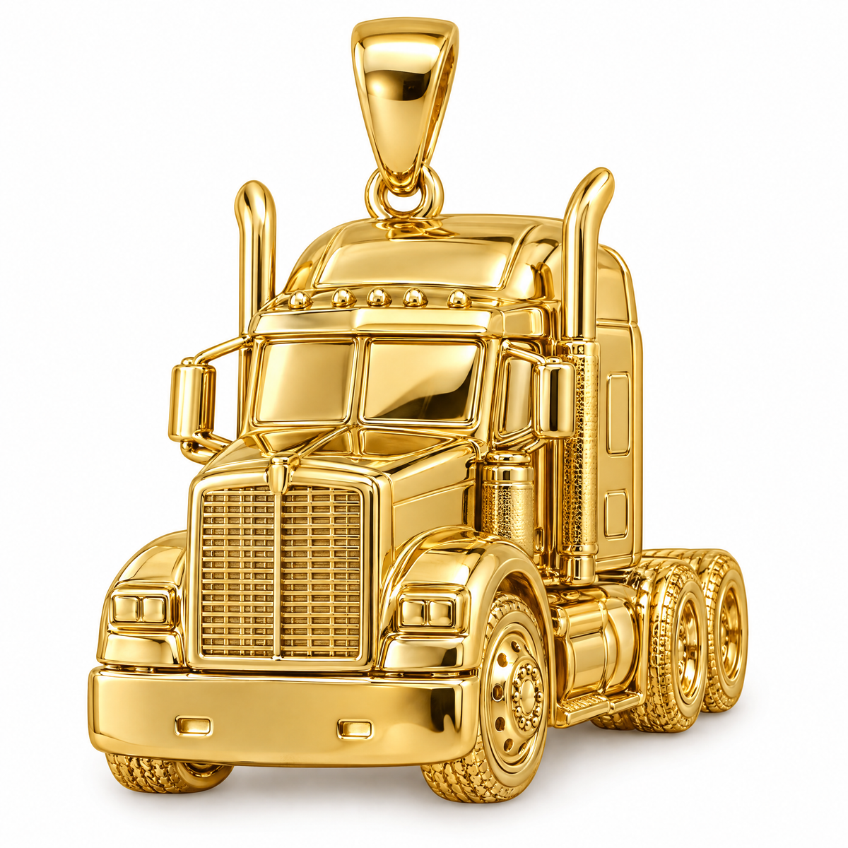 Truck driver semi truck pendant in high-polish yellow gold; 1Luxury Miami design render, pendant only.