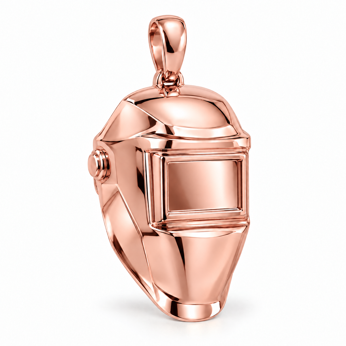Welder helmet pendant in high-polish rose gold; 1Luxury Miami design render, pendant only.