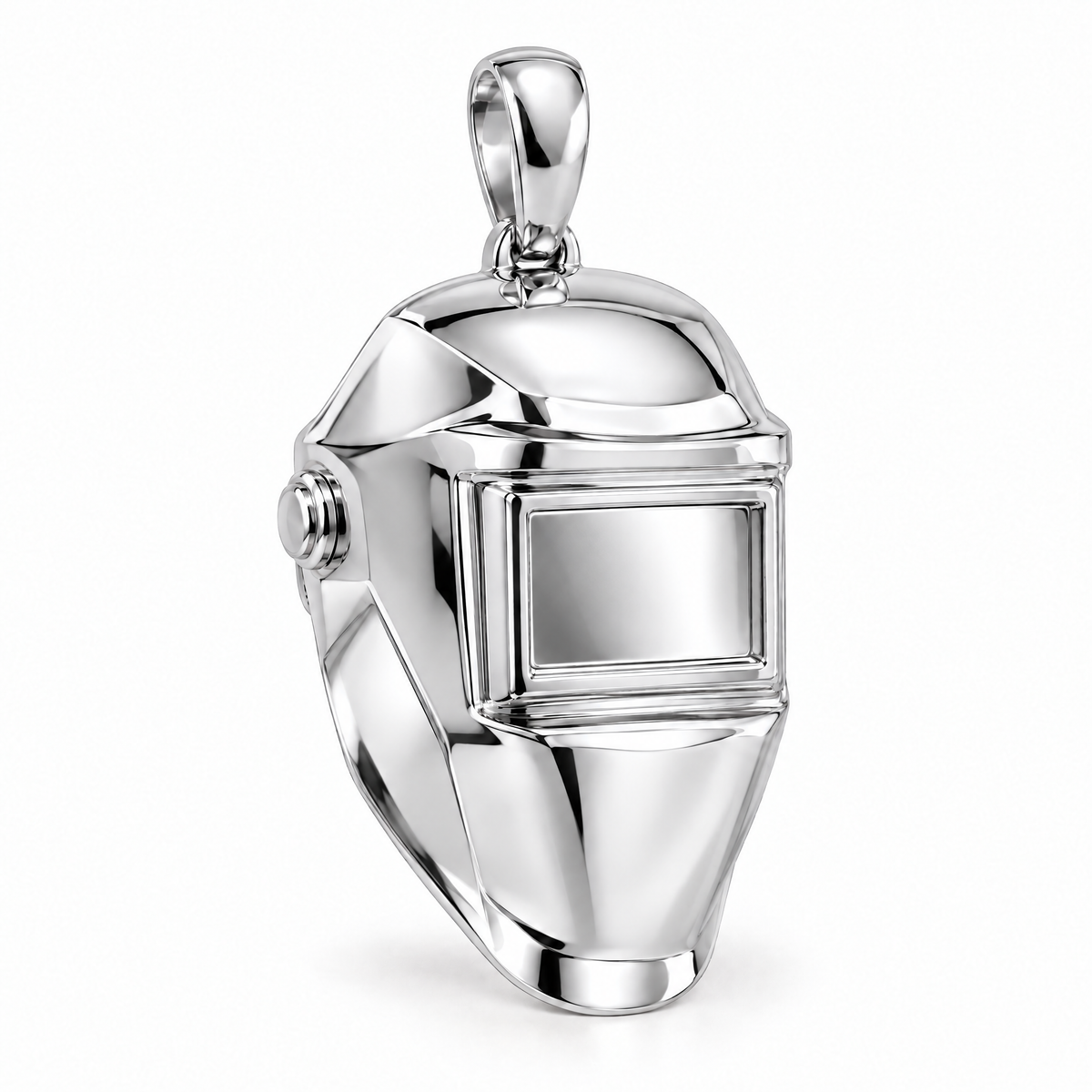 Welder helmet pendant in high-polish white gold; 1Luxury Miami design render, pendant only.