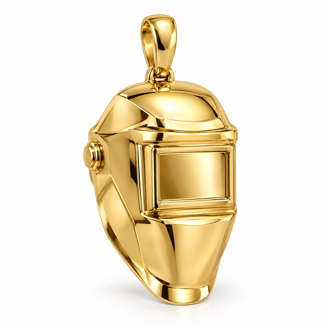 Welder helmet pendant in high-polish yellow gold; 1Luxury Miami design render, pendant only.