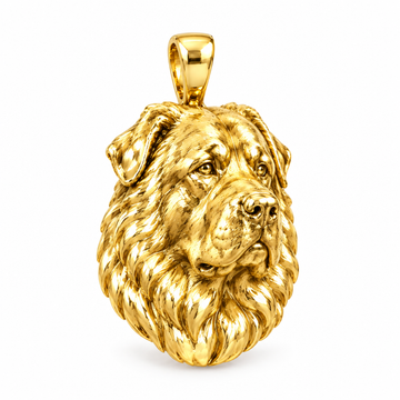 Caucasian Shepherd Dog high-polish yellow gold dog pendant, design render on white; pendant only.