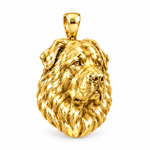 Caucasian Shepherd Dog high-polish yellow gold dog pendant, design render on white; pendant only.