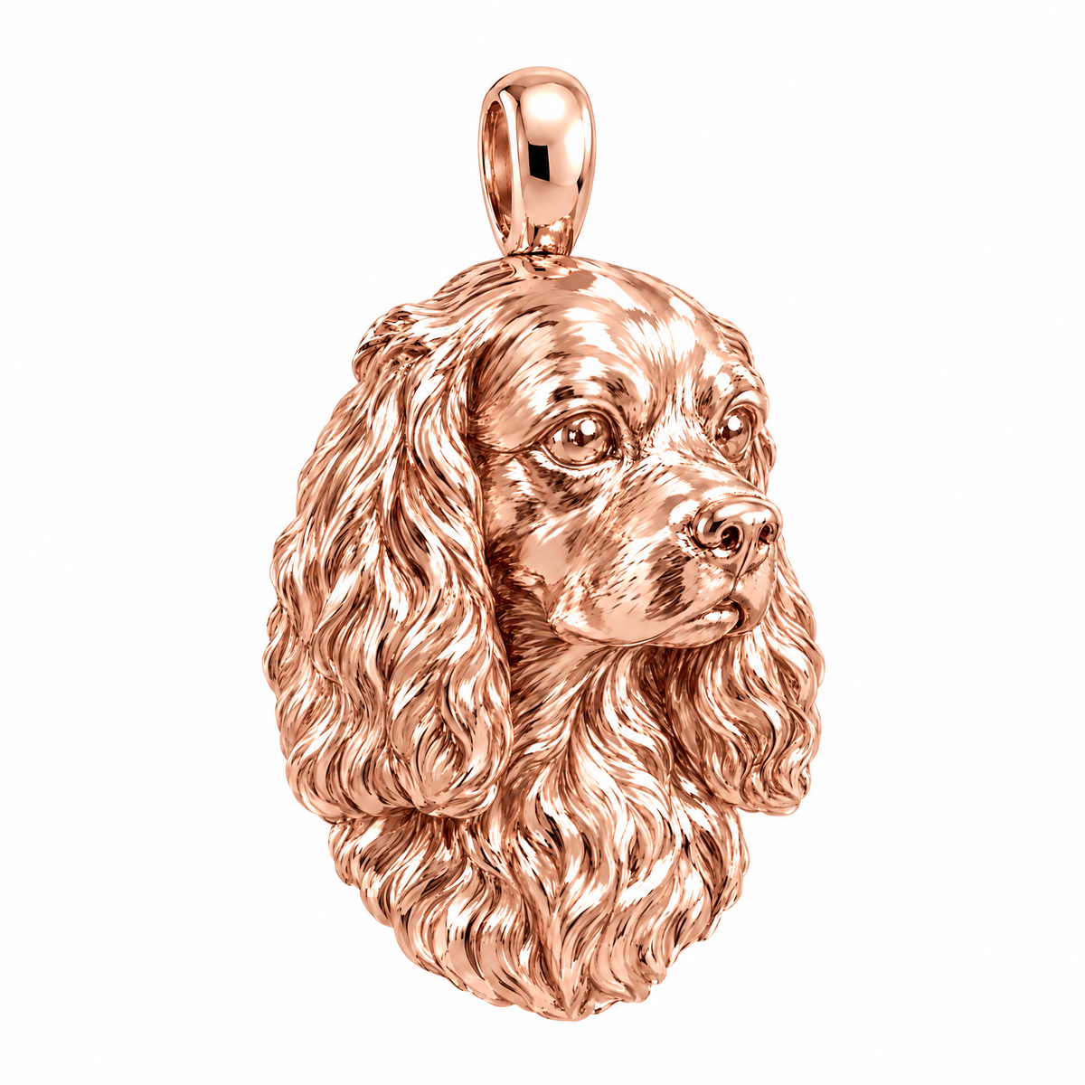 Cavalier King Charles Spaniel high-polish rose gold dog pendant, product render on white.
