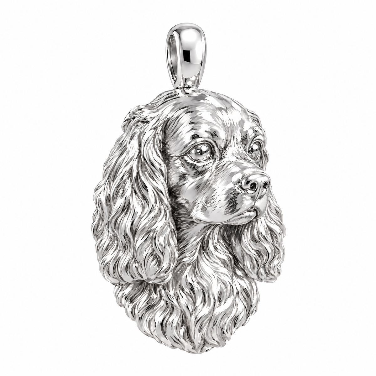 Cavalier King Charles Spaniel high-polish white gold dog pendant, product render on white.