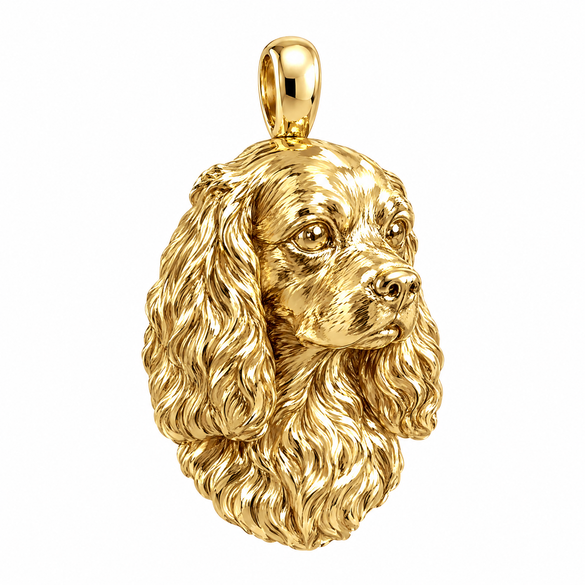 Cavalier King Charles Spaniel high-polish yellow gold dog pendant, product render on white.