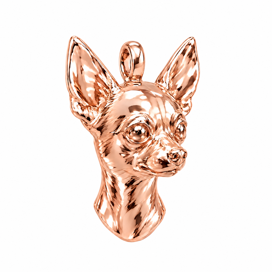 Chihuahua high-polish rose gold dog pendant, product render on white.